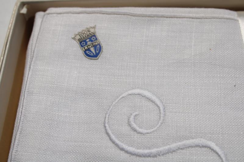 unused vintage Belgian linen napkins w/ embroidered S monogram, set of 12 new in package