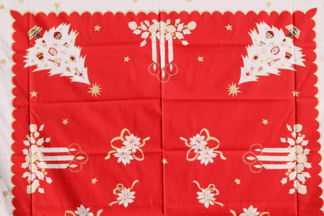 unused vintage Noel Christmas print cotton / rayon tablecloth, banquet table size 