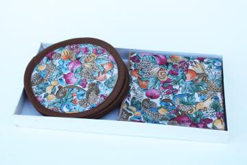 unused vintage cotton cocktail napkins & drinks coasters set, fruit print fabric