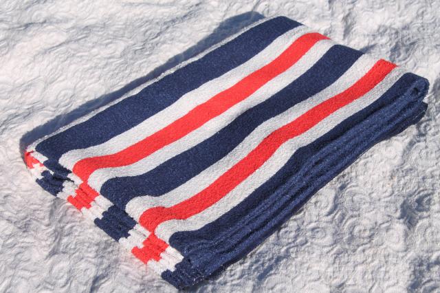 unused vintage cotton terrycloth beach blanket towel, retro red, white & blue stripes