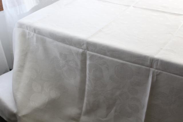 unused vintage damask tablecloth 72 x 86, pure linen woven jacquard peaches pattern