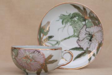 unusual flora & fauna china tea cup & saucer, vintage Japan porcelain hand-painted bird & insect
