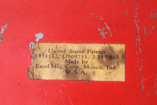 unusual old round red tin sewing box w/ original vintage paint, 1938 patent number
