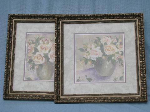 urns of roses pair vintage signed floral prints, florentine frames
