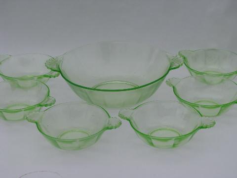 vaseline yellow-green vintage depression glass fruit set, large & small berry bowls