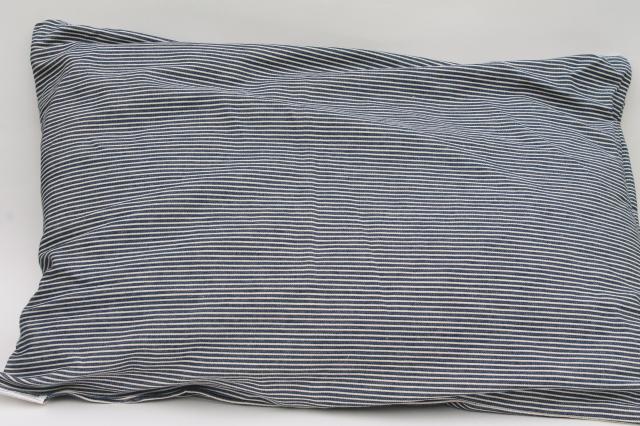 very firm vintage pillow, railroad striped blue & white hickory stripe cotton denim cover