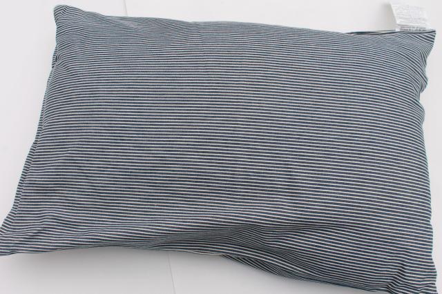 very firm vintage pillow, railroad striped blue & white hickory stripe cotton denim cover