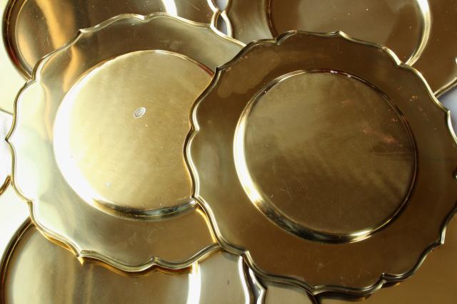 very heavy solid brass chargers, vintage set of 8 gold charger plates made in India
