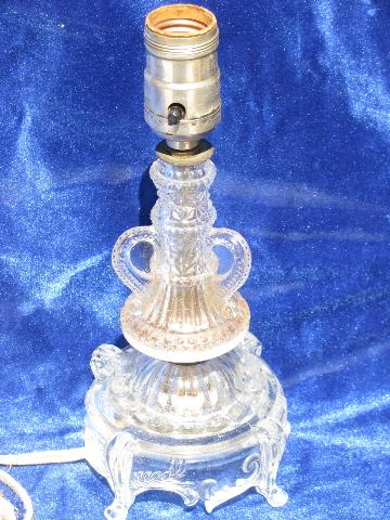 very ornate pressed pattern glass boudoir vanity lamp, 20s-30s vintage