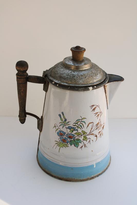 very shabby antique french enamel coffee pot w/ flowers, early 1900s vintage 