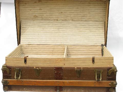 victorian vintage antique flat top slat trunk, old steamer or train luggage