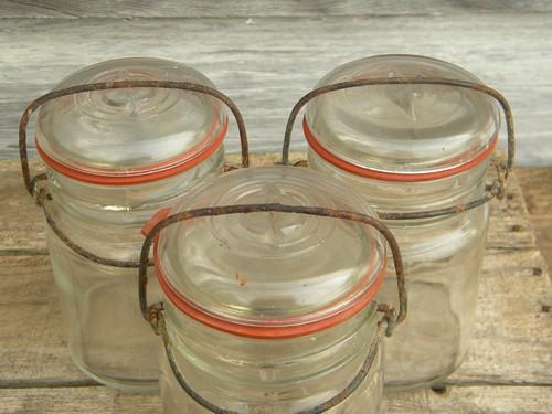 vintage 1 pt glass storage jars or canisters w/glass lids, lot of 3