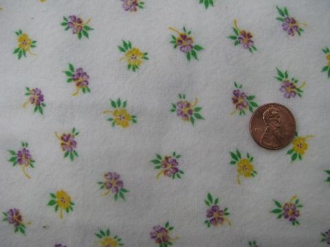 vintage 100% cotton flannel fabric, purple & yellow pansy flowers print