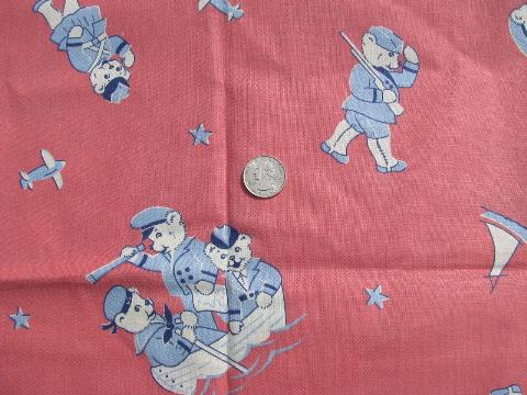 vintage 1920's novelty print cotton fabric, teddy bears solidiers and sailors