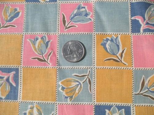 vintage 1920s-30s print cotton fabric, tulips checks in pink / blue / yellow