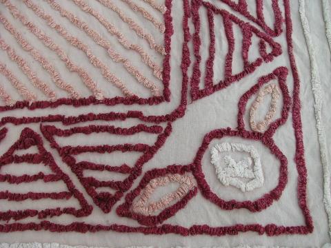 vintage 1940s cotton chenille bedspread, rose-pink w/ burgundy wine