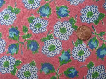 vintage 1940s cotton print fabric, blue flowers on pink , 5 1/2 yards