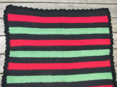 vintage 1940s crocheted cotton rug, indian camp blanket stripes, red / green / black
