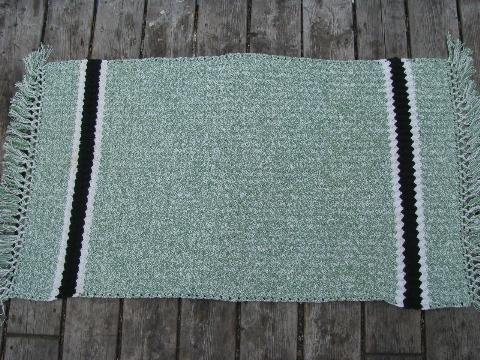 vintage 1940s hand crocheted cotton throw rugs, pink & grey, jade green & black