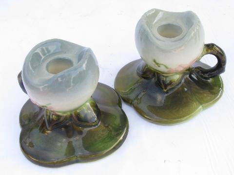 vintage 1940s-50s Hull art pottery candlesticks, flower shape candle holders