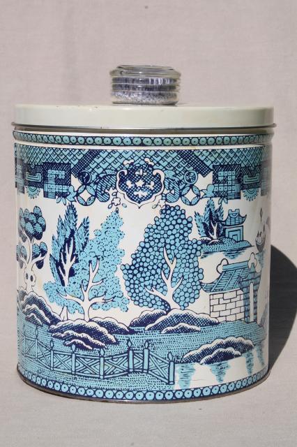 vintage 1950s Krispy Kan blue willow print kitchen canister tin, cracker or cookie jar