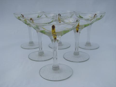 vintage 1950s green and yellow bamboo pattern low champagne glasses