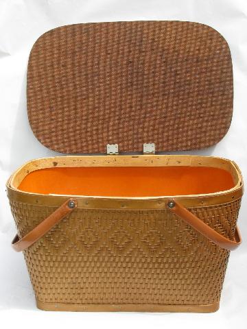 vintage 1950's picnic basket hamper, old Red Man Indian label