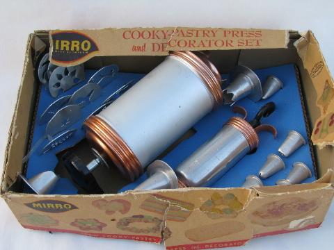 vintage 1950s plastic refrigerator cookie molds, cookie press, cake decorator, for holiday baking