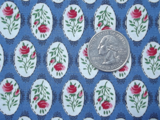 vintage 36 w cotton quilting fabric, pink & blue rose cameo print