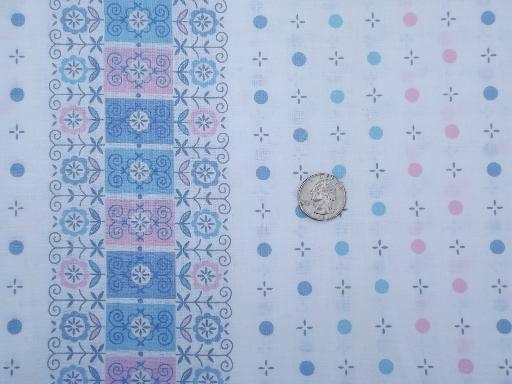 vintage 36" wide cotton fabric, pink and blue dots and daisies print border