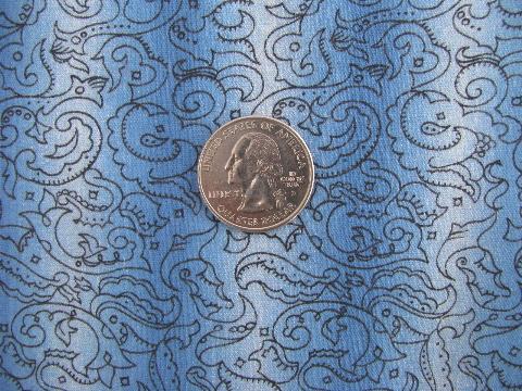 vintage 36'' wide cotton quilting fabric, black print on blue / white shadow stripe