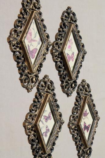 vintage 60s rococo framed mirror & pictures wall art collection, retro butterfly