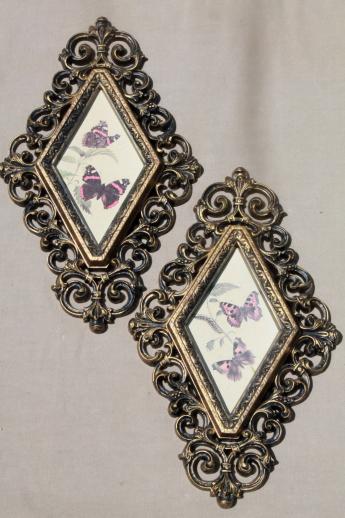 vintage 60s rococo framed mirror & pictures wall art collection, retro butterfly