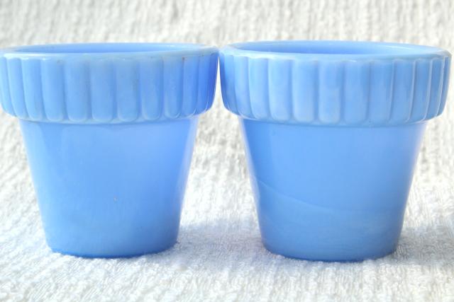 vintage Akro Agate glass tiny planter flower pots, sky blue milk glass
