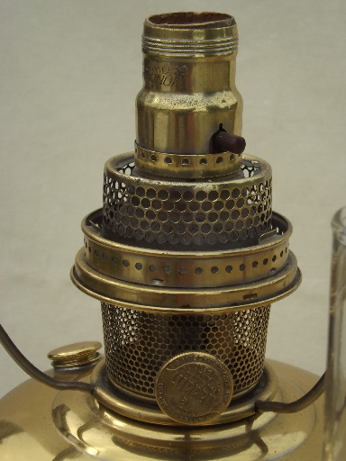 vintage Aladdin brass lamp, converted model 12 oil lamp w/ cased glass shade