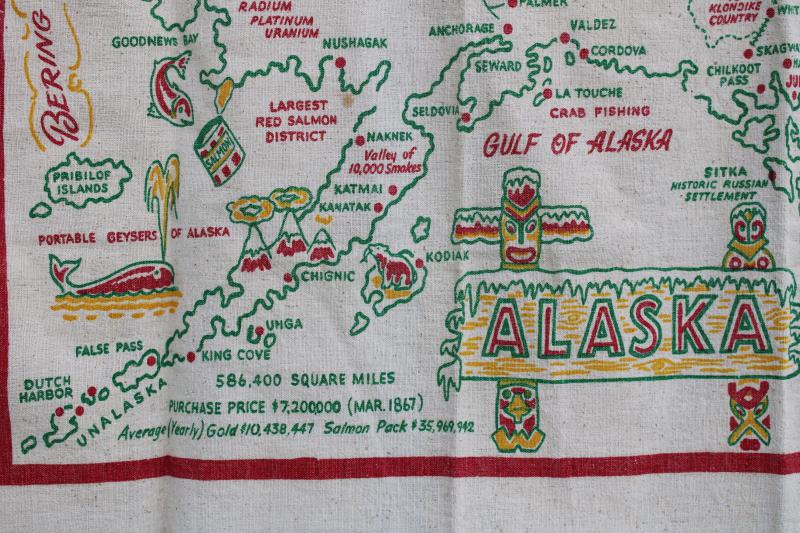 vintage Alaska souvenir map print cotton tablecloth for retro kitchen or wall hanging