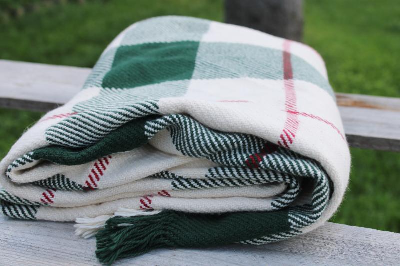 vintage Amana blanket, woven cotton plaid throw rustic Christmas green, red, cream