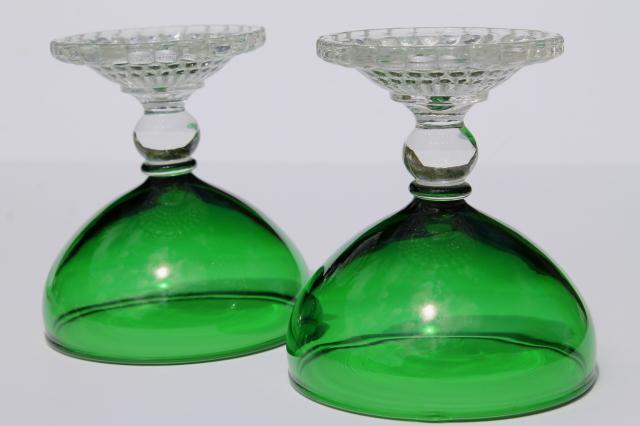 vintage Anchor Hocking Berwick champagne coupes, forest green glass / crystal stem glasses