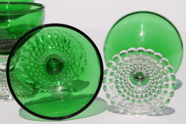 vintage Anchor Hocking Berwick champagne coupes, forest green glass / crystal stem glasses
