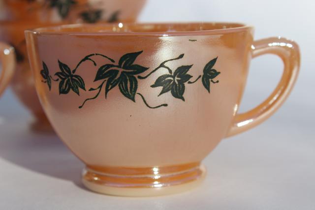 vintage Anchor Hocking Fire King peach luster copper tint punch cups w/ black ivy leaves