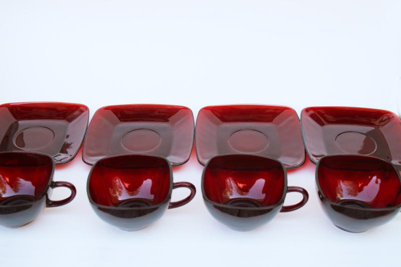 vintage Anchor Hocking Royal Ruby red glass Charm square cups & saucers set of 4