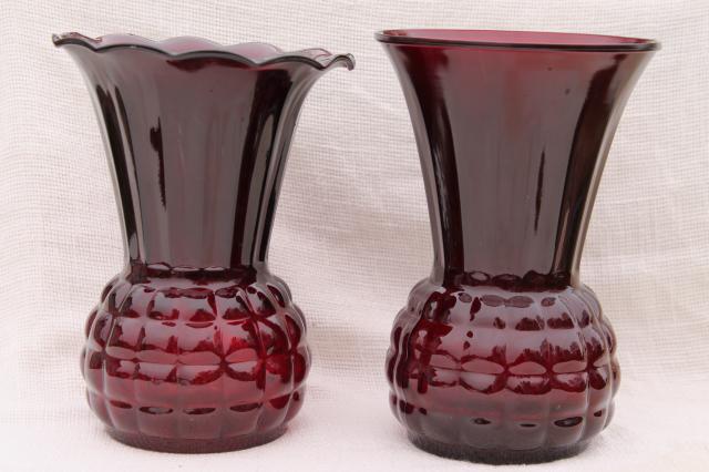 vintage Anchor Hocking Royal Ruby red glass vases - large flower vase crimped & plain