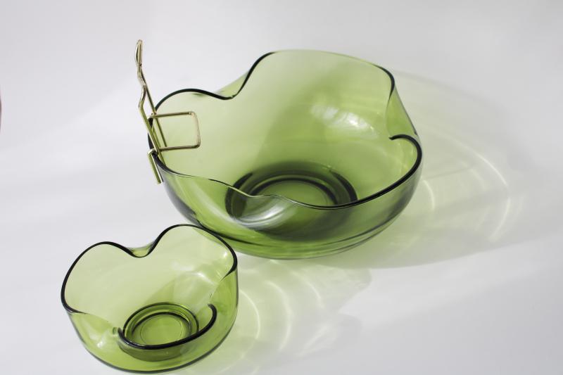 vintage Anchor Hocking avocado green glass chip & dip bowls w/ rack, 70s mod pinch shape