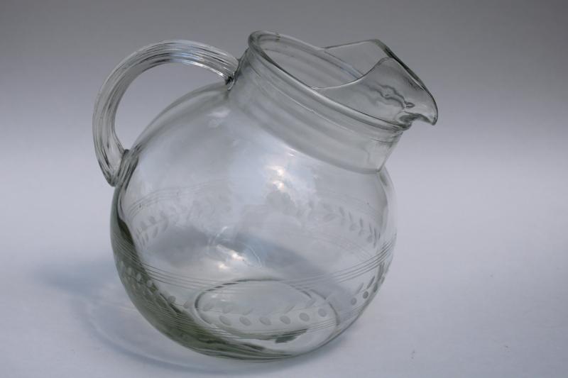 vintage Anchor Hocking ball jug pitcher, clear glass w/ wheel cut etched laurel band