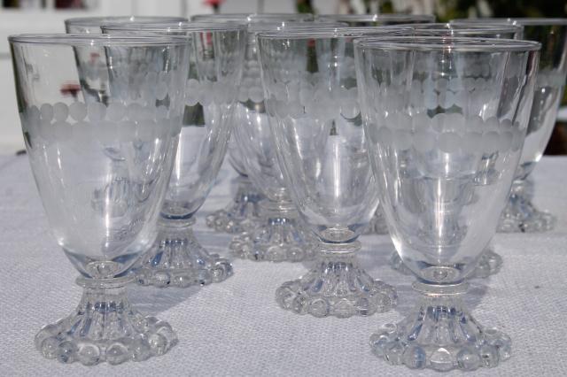 vintage Anchor Hocking boopie bead edge footed tumblers, wine or water glasses w/ etched dots