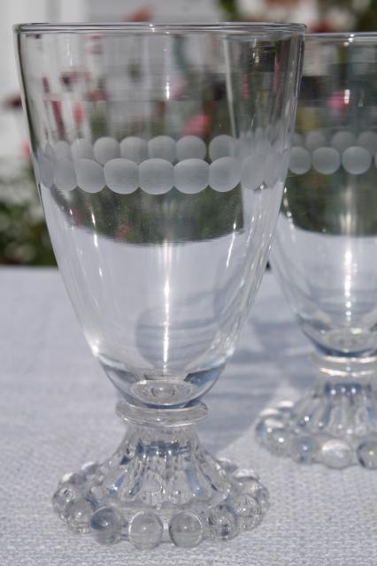 vintage Anchor Hocking boopie bead edge footed tumblers, wine or water glasses w/ etched dots