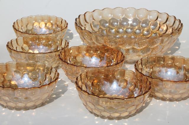 Vintage Anchor Hocking Bubble Glass Bowls Set Iridescent Marigold Luster