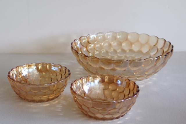 vintage Anchor Hocking bubble pattern berry bowls, copper tint iridescent peach luster