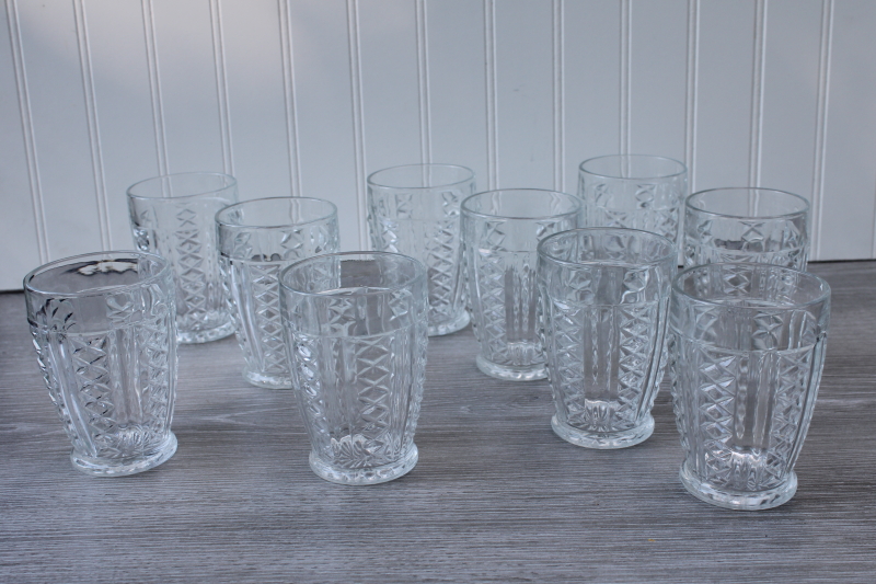 vintage Anchor Hocking diamond clear pattern tumblers, jelly jar drinking glasses