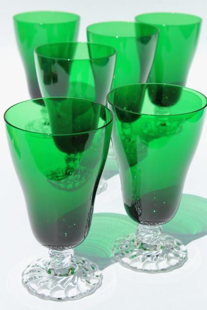 vintage Anchor Hocking forest green / clear footed water glasses, burple swirl